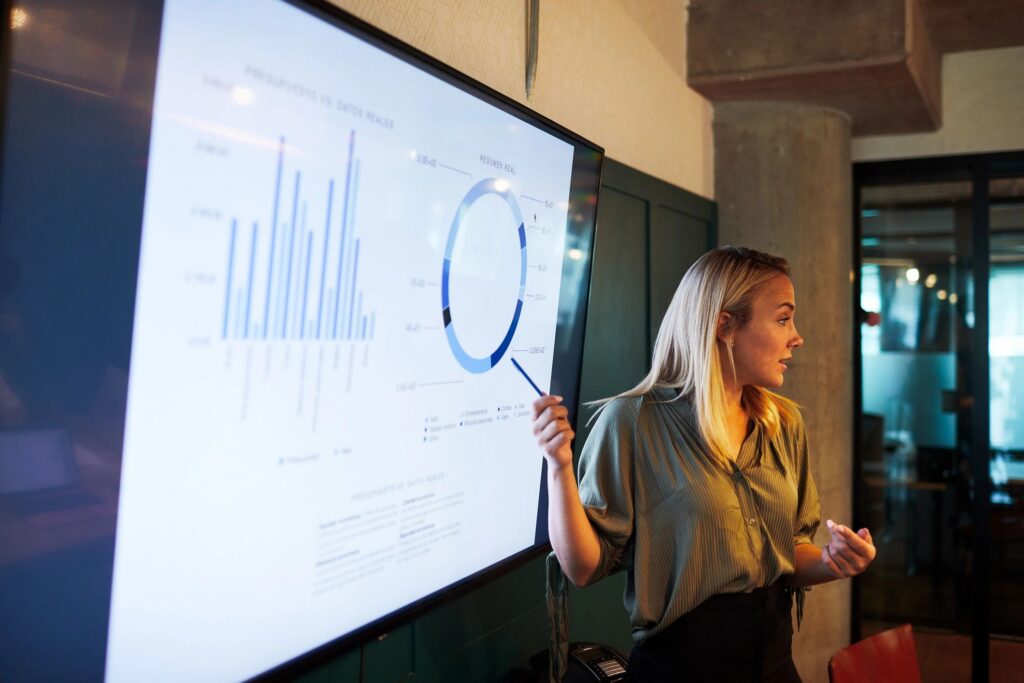 One young businesswoman making a presentation speech.