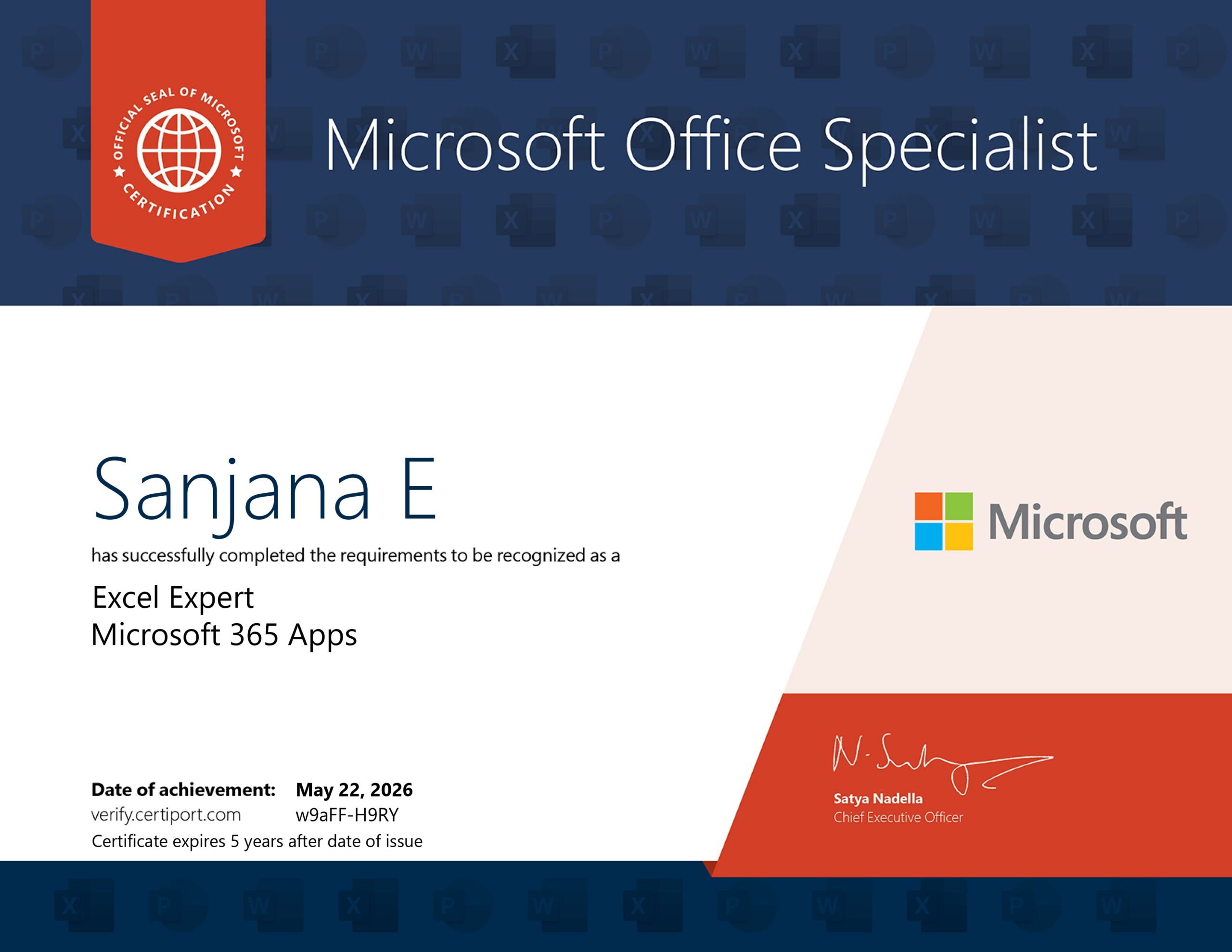 Excel Expert sample certificate preview